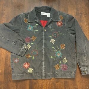 Vintage Alfred Dunner Gray Denim Embroidered Floral Denim Zip Up Jacket
